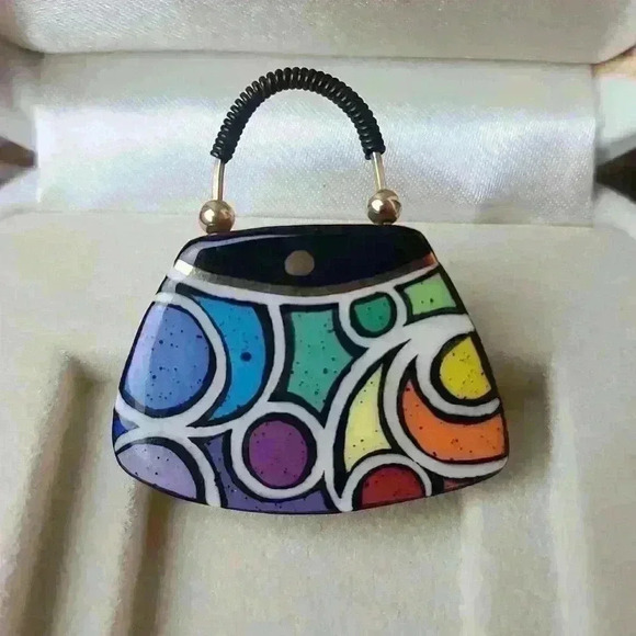 Small purse brooch pin colorful vitange hand painted art pin - Picture 2 of 7